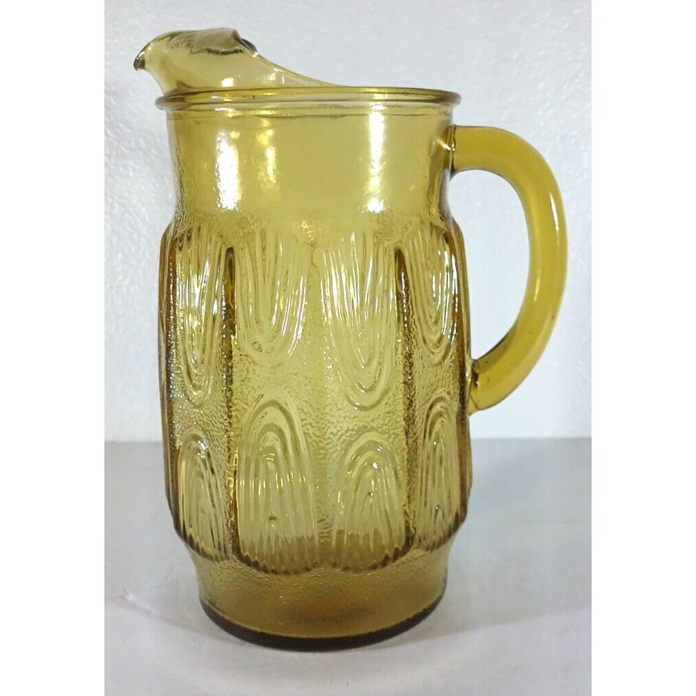 ANCHOR HOCKING THUMBPRINT PITCHER Amber Glass 10" Vintage MCM Mid Century